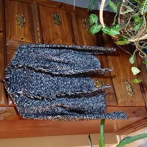 Women's Black, White & Gold Woven  Fringed Long Sleeve Sweater Size Small